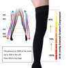 Black color compression showing the graduated pressure from ankle up. The pressure is 100% at the ankle up to 70% in the calf then 40% in the thigh.