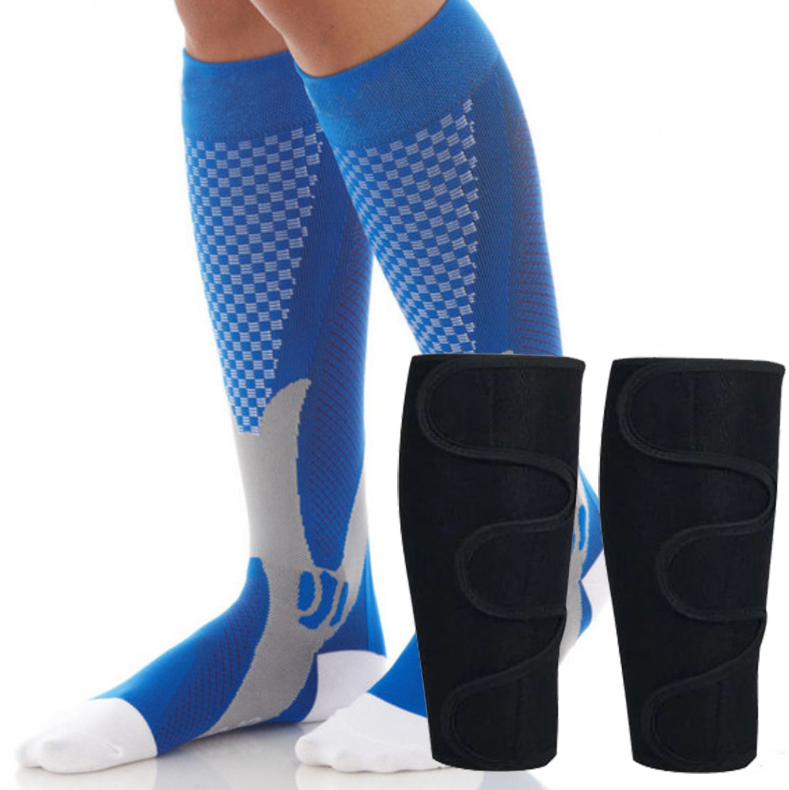 Blue color Marathon Compression Socks with a pair of black color leg warmer.