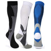 Three colors of Nursing Compression Socks showing black, white, and blue color.